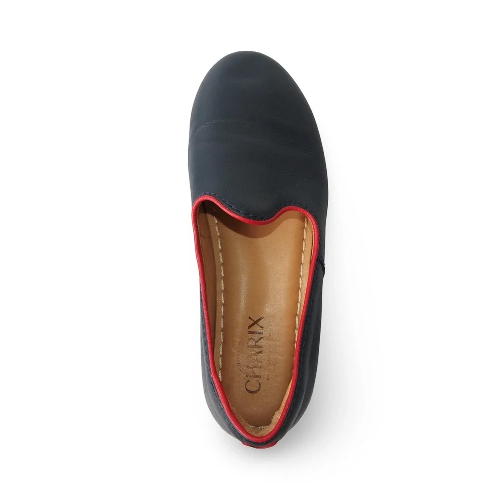 Charix Classic Leather Minimalist Slip-on Loafers Womens 7 37 Navy Red Trim